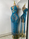 Women Sexy Sparkly Crystal Sequins Sleeveless Mesh See Through High Split Long Birthday Dress Dancer Performance Stage Costume