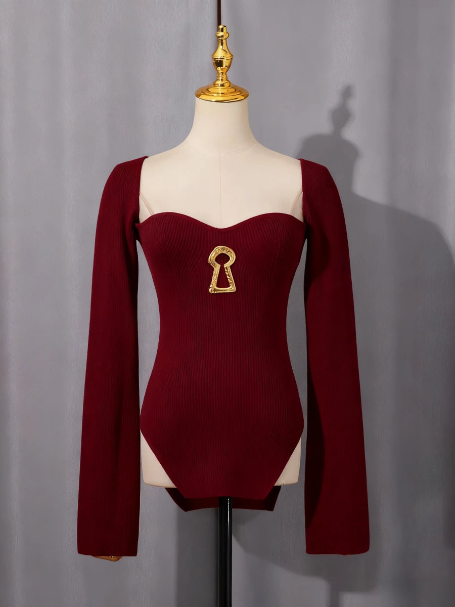 Solid Versatile Spliced Metal Knitted Top for Women Square Neck Long Sleeves Slim Asymmetric Hem Temperament Sweater Female