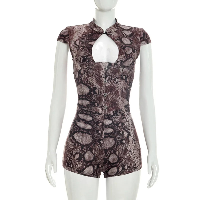 Snake Print Romper Hollow Out Jumpsuit Woman Playsuit Birthday One Piece Corset Combinaison Short Femme Night Club Outfits