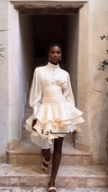 Cream Victorian-inspired Short Dress Women Chic Puff Sleeve Ruched Tiered Waist Cinching Party Dresses 2026 Lady Trendy Vestidos
