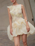 Fashion Orange 3D Floral Appliquet Mini Dress for Women Sleeveless O Neck Slim Sheer Tulle Puffed Skirt for Themed Parties