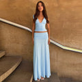 Chic Light Blue 2 Piece Outfit Women Deep V Neck Sleeveless Ruched Crop Top Low Waist Flowy Maxi Skirt Suit Party Matching Sets