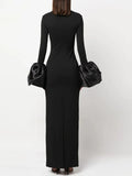 Women Elegant Evening Club Party Trumpet Long Sleeves Sexy Turtleneck Tight Maxi Bandage Dress Black Vestido