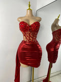 Sparkly Red Diamonds Asymmetrical Two Pieces Dress Design 2025 Women Sexy Strapless Top Skirt Suits Dance Performance Outfit
