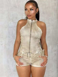 Distressed Style Denim 2 Piece Set Women Zipper Cardigan Sleeveless Crop Top+Skinny Shorts Hottie Street Hipster Suit