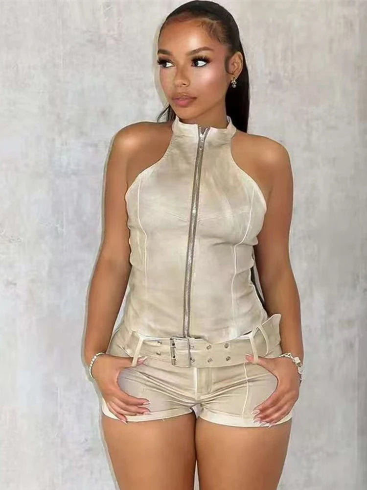 Distressed Style Denim 2 Piece Set Women Zipper Cardigan Sleeveless Crop Top+Skinny Shorts Hottie Street Hipster Suit