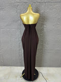 Elegant Brown Strapless Bodycon Maxi Dress Women Sexy Ruched Waist Draped Skirt Outfit Date Night Party Costume