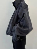 Gray Minimalist Woolen Coat for Women Stand Collar Long Sleeve Pathowrk Single Breasted Loose Casual Jacket Female