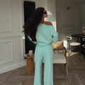 Solid Women Loose Pants Set Letter Print Off Shoulder Long Sleeve Sweatshirt Wide Leg Trousers Chic Casual Loungewear Suit 2026