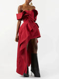 Red Sexy Off Shoulder Ruffle Slim Irregular Long Dress 2026 New Red Fashion Evening Party Trendy Clothing