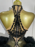 Luxury Black Diamonds Mesh Sexy See Through Cocktail Mini Dress Women Eveing Birthday Party Singer Nightclub Show Stage Costume