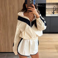 Color Block Zip Up Two Piece Set Women Long Sleeve Stand Collar Cropped Jacket High Waist Shorts 2026 Spring Summer Casual Suit