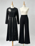 Elegant Round Neck Two Piece Sets for Women Contrast Stitching Long Sleeve Top Wide Leg Pants for Formal Daily Casual Outfit