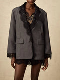 Chic Solid Spliced Lace Edge Blazers for Women Notched Collar Long Sleeve Temperament Designer Coats Female Clothes Style
