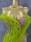 Luxury Green Sheer Mesh Ruffle Dress Neck Crystal Rhinestone Trim Cut Out Slim Fit Evening Wedding Guest Cocktail Party Dress