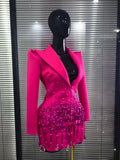 Women Long Sleeve Shining Beading Sequins Sexy V-Neck Bodycon Slim Mini Dress Bar Singer Celebrate Nightclub Party Outfit