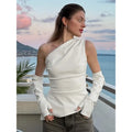 Sleeveless Skew Collar PU Leather Vest With Sleeves Top Two Pieces For Women Streetwear Fashion Slim Crop Tops Punk Style