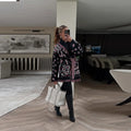 Women's Shawl Collar Fringe Knitted Cardigan Self Fabric Belt Waist Ethnic Print Loose Long Sleeve Mid Length Coat Autumn Casual