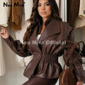 Autumn 2026 Chocolate Brown Elastic Cinched Waist Faux Leather Peplum Jacket Women PU Leather Blazer Trench Coat Female
