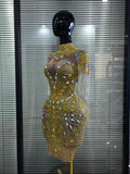 Gold Full Diamond Tassel Short sleeved Dress Wrapped Hip Short Skirt Female Model Singer Fashion Performance Dress
