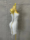 Women Sexy Metallic Gold Silver Bronze Bodycon Dress with Thin Straps and Drawstring Hem Evening Event Women Clubwear Outfit