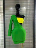 Women Sexy Dress One Shoulder Color Block Long Sleeve Bodycon Celebrity Club Birthday Evening Party Dress