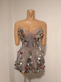 Women Strapless Silver Big Sequins Rhinestone Mini Dress Luxury Bodycon Short Gown Outfit BirthdayParty Cocktail Evening Dress