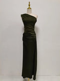 Solid Slimming Dresses for Women Slanted Collar Sleeveless High Waist Temperament Dress Female Fashion