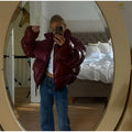 Stand Neck Glossy Surface Padded Cotton Short Coat Women Full Sleeve Thicken Pockets Jackets Coat Female Winter Chic Streetwear