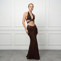 Women Metallic Trim 2 Piece Set Halter Deep V Cutout Crop Top High Waist Ruched Draped Mermaid Skirt Suit Lady Evening Outfit