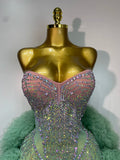Women Sexy Strapless Backless Green Diamonds Mesh Dress Birthday Party Costume Bar Nightclub Singer Stage Performance Outfit