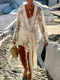 Solid Losoe Spliced Sheer Fashion Bloues for Women V Neck Long Sleeves Patchwork Lace Elegant Top Female Clothing