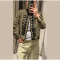 Women Woven Patchwork Napoleon Jacket Shoulder Pad Long Sleeve Hook Closure Street Blazer 2026 Spring Chic Casual Edgy Crop Coat