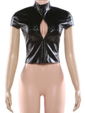Hottie PU Crop Top Women Stand Collar Single Breasted Sexy Wild Stylish Solid Gothic Punk Skinny Midnight Streetwear