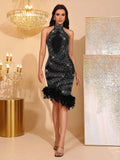 Women Sexy Off Shoulder Diamond Feather Halter Mini Bandage Dress For Women Backless Celebrate Evening Party Dresses Gown