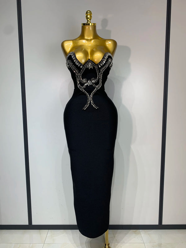 Celebrity Elegant Beading Strapless Bodycon Bandage Dress Women Fancy Club Party Luxury Diamonds Evening Party Birthday Dresses