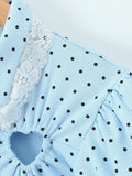 Elegant Sweet Blue Polka Dot Playsuit for Women Puff Sleeve Cutout Design Lace Trim Slimming Playsuits for Vacation