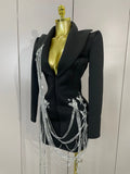 Sexy Sparkly Tassels Chains Black Suit Mini Dress Women Eveing Party Birthday Prom Nightclub Singer Performance Stage Costume