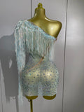 Women Mesh See Through Mini Dress Sexy One Shoulder Sparkly Rhinestone Tassel Latin Dance Nightclub Bar Party Club Stage Wear