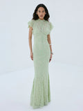 Elegant Lace Long Dress Women's Flying Sleeve Bodycon 2-piece Dress Evening Party Cocktail Female Winter Autumn