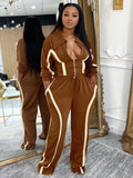 Casual Tracksuit 2-Piece Set Women Stripe Patchwork Zip Lapel Crop Jacket+Drawstring Pants Matching Sporty Outfits
