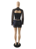 Glitter Sequins Knitted Skirt Sets Women 3 Piece Outfit Vacation Festival Clothing Sheer Top and Mini Skirt Matching Sets