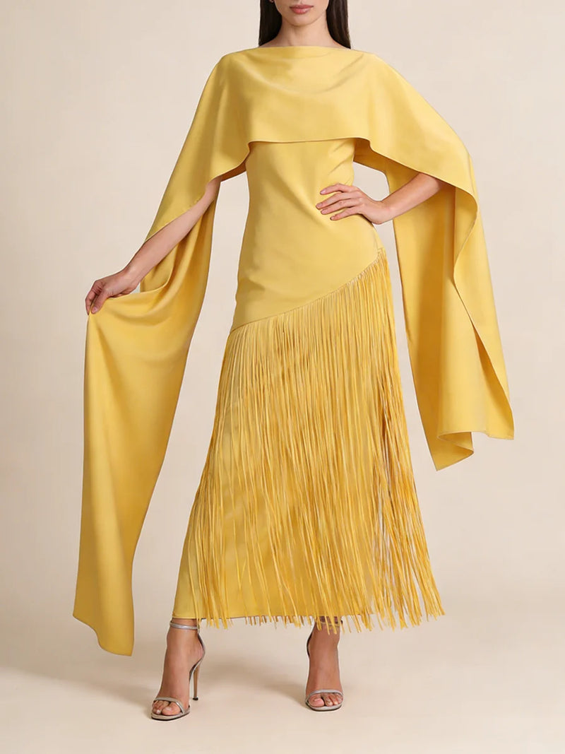 Elegant Luxury Dinners Red Maxi Dress for Women Sleeveless Cape Design Full Fringe Skirt for Fashion Parties Events