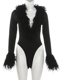Patchwork Plush Bodysuit Women Deep v-Neck Full Sleeve Skinny High Elasticity Sexy Hottie Midnight Autumn Streetwear