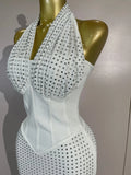 Elegant Evening Party Prom Gown Birthday Dress Women Shining Rhinestones Sexy White/Pink Mesh Halter Bodycon Long Bandage Dress