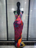 Shining Colorful Print Rhinestones Women Sexy Halter Backless Mesh Long Gowns Dress Nightclub Party Birthday Photoshoot Wear