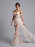 Elegant Strapless Lace Long Ribbon Wedding Dress Patchwork Vintage Floral Lace Bridal Gown Sheath Fitted Dresses