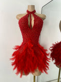 Sexy Halter Beading Feather Mini Dress For Women Backless Luxury Birthday Celebrity Evening Gowns Performance Wear