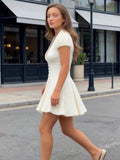 Women Solid Polka Dot Mini Dress Deep V Neck Puff Sleeve Pleated Front Button A-line Short Dresses Elegant Party 2026 Lady Gown