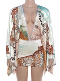 Colorful Leopard Print Dress Women Sexy Deep V-Neck Backless Patchwork Puff Sleeve Hottie Vacation Party Club Bodycon